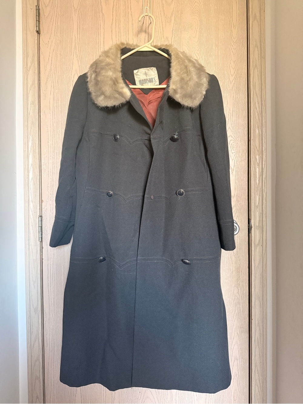 Vintage Wool-Blend Long Coat with Faux Fur Collar - Dark Gray